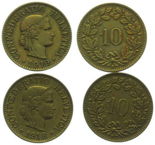 10 Rappen 1918 + 1919 Messing, 2 Münzen